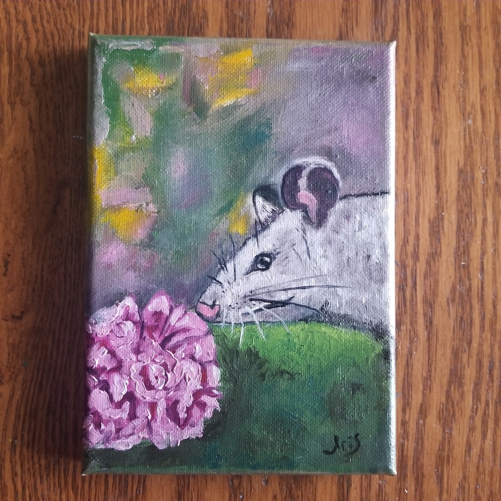 Abstract oil Painting cute opossum and rose